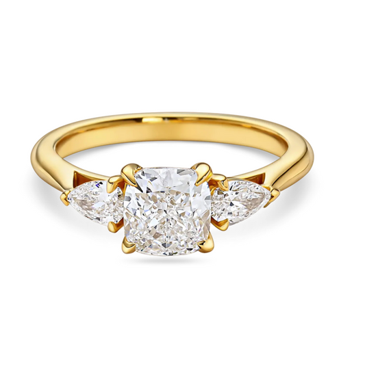 Cushion Cut Diamond Trilogy Ring with Pear Cut Side Stones