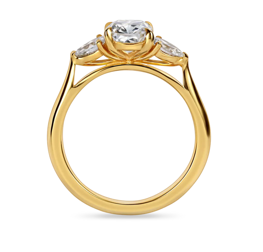 Cushion Cut Diamond Trilogy Ring with Pear Cut Side Stones
