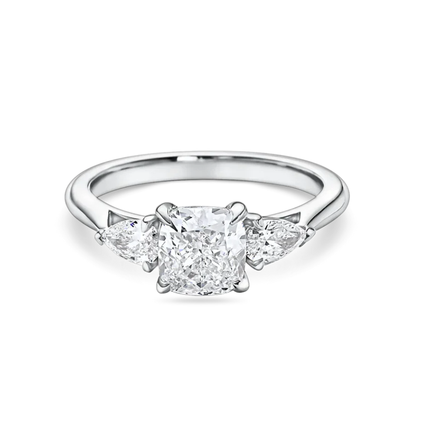 Cushion Cut Diamond Trilogy Ring with Pear Cut Side Stones