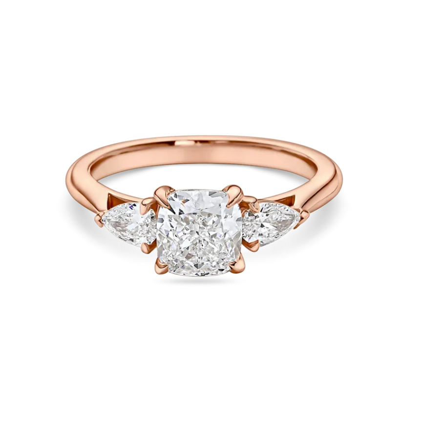 Cushion Cut Diamond Trilogy Ring with Pear Cut Side Stones
